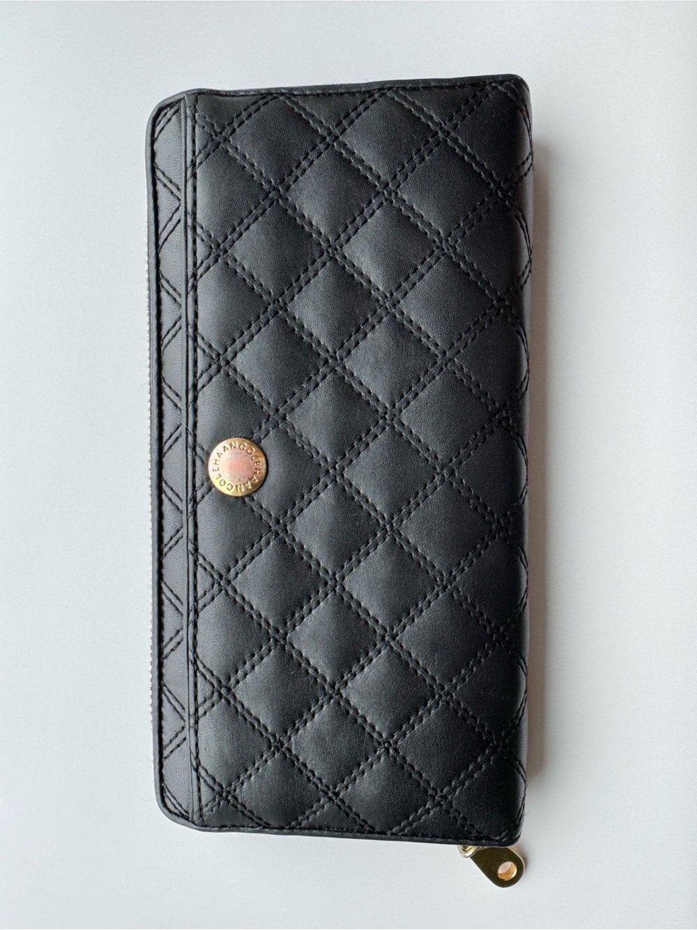 Cole Haan Black genuine leather Quilted Zip Wallet Phone Case with Gold Accent